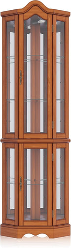 BELLEZE Lighted 3-Side Glass Display Curio Cabinet w/Tempered Glass Doors and Shelves, Curved Wood Corner Cabinet with Bulb, Corner Storage Rack for Living Room and Kitchen (Oak)