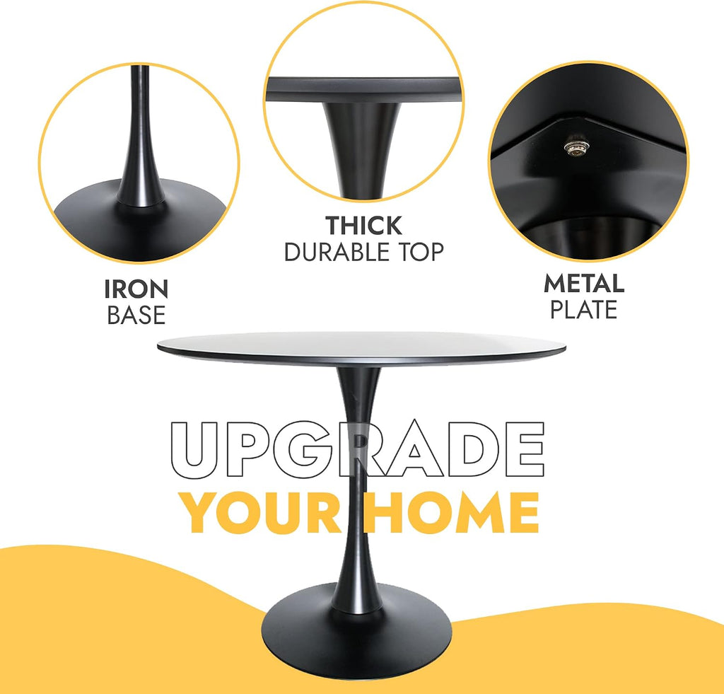 LeisureMod Bristol 35" Round Dining Table, Modern MDF Wood in Black Metal Pedestal Base Accent Table Mid-Century Café Table, Kitchen Dining Room Furniture (Black)