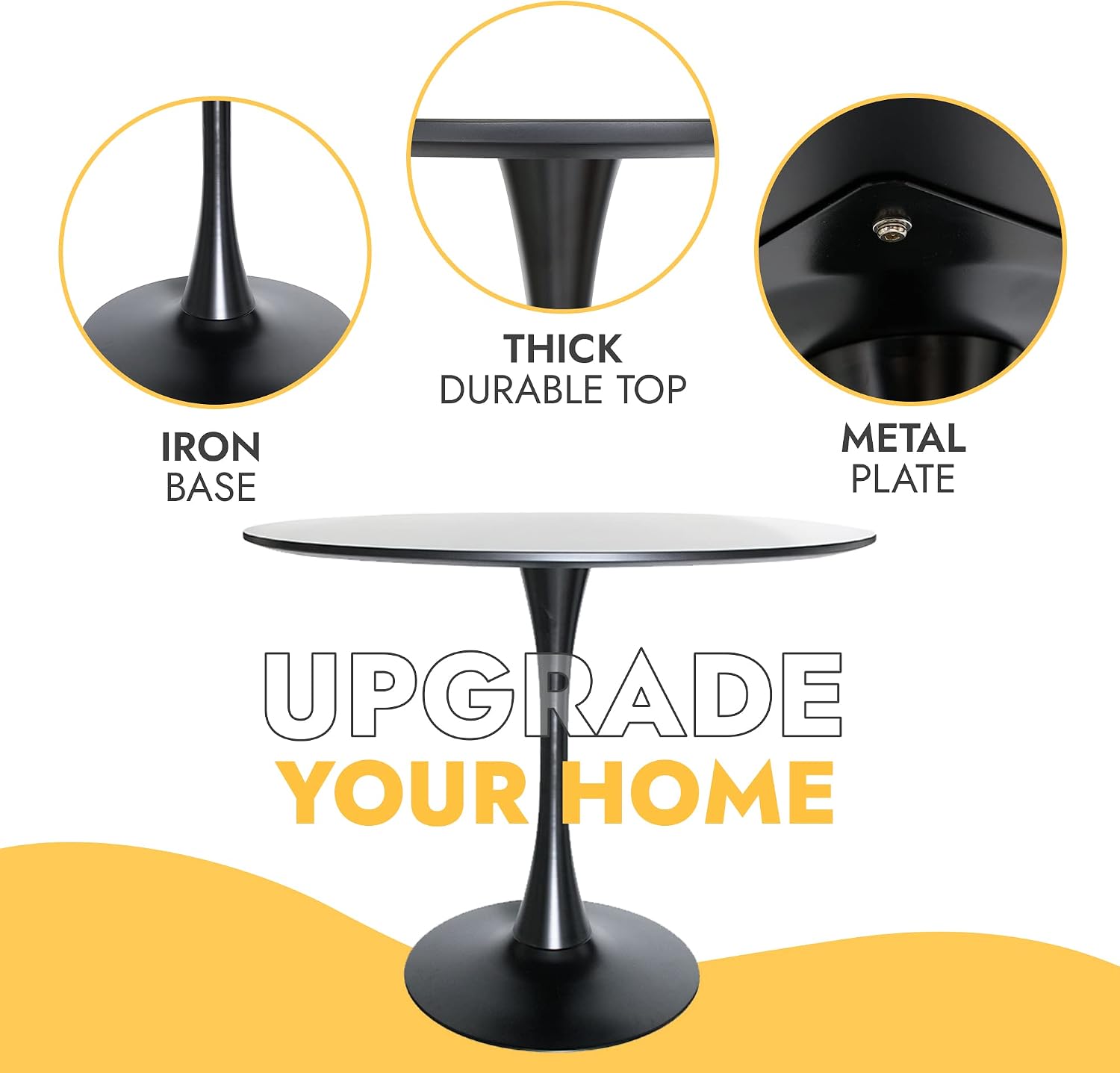 LeisureMod Bristol 35" Round Dining Table, Modern MDF Wood in Black Metal Pedestal Base Accent Table Mid-Century Café Table, Kitchen Dining Room Furniture (Black)