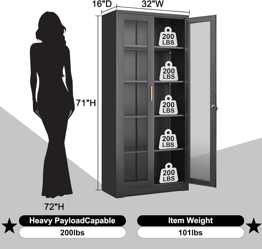 Curio Display Cabinet with Glass Doors,71”H Metal Display Case with 4 Adjustable Shelves - Black China Storage Cabinet for Collectibles, Trophies & Liquor - Locking Tall Glass Cabinet for Home