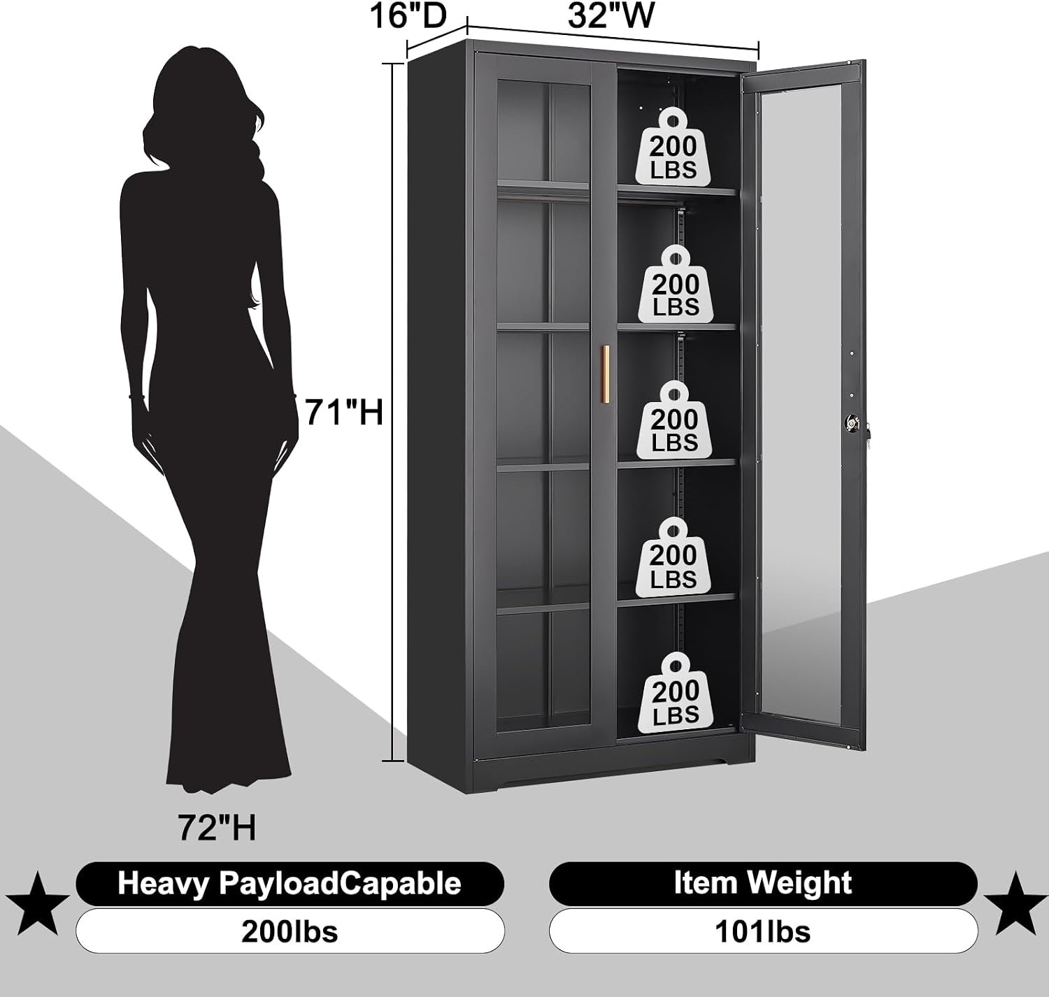 Curio Display Cabinet with Glass Doors,71”H Metal Display Case with 4 Adjustable Shelves - Black China Storage Cabinet for Collectibles, Trophies & Liquor - Locking Tall Glass Cabinet for Home