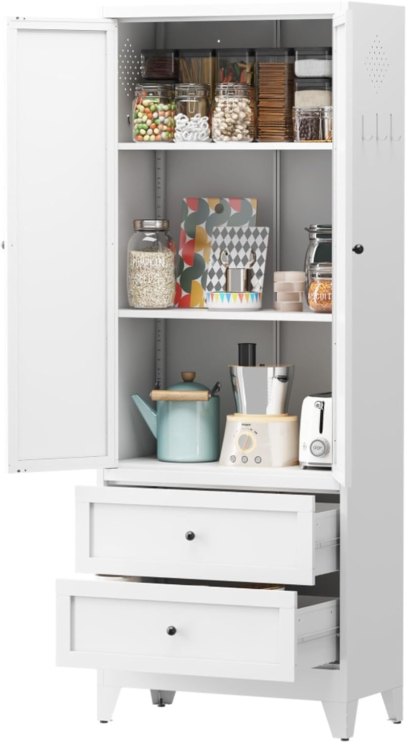 Hassyee White Metal Kitchen Pantry Cabinet Adjustable Storage with 4 Shelves (110lb Capacity), Heavy Duty Freestanding Pantry Organizer for Kitchen,Pantry, Living Room (White)