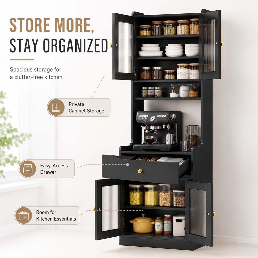 71" Kitchen Pantry Hutch Storage Cabinet with Microwave Stand, Farmhouse Freestanding Buffet Sideboard with Coffee Bar, Tall Wood Cupboard for Kitchen Dining Room (Black)