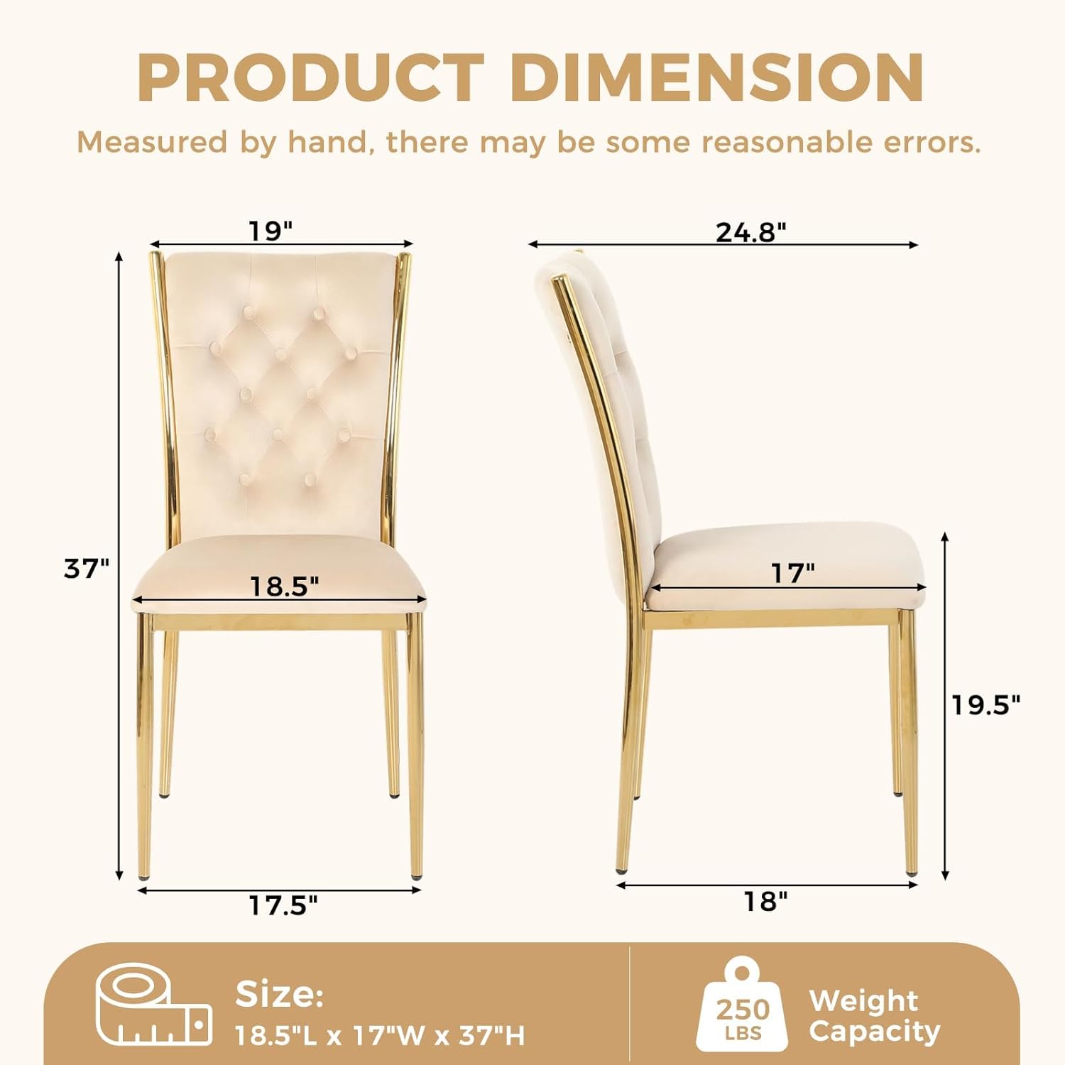 Velvet Dining Chairs Set of 4, Modern Kitchen Chair with Gold Metal Legs, Luxury Upholstered Tufted Dining Room Chairs for Home, Apartment, Living Room - Beige