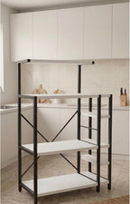 SODEF Coffee Station Cabinet with Microwave Shelf – 7-Tier Kitchen Organizer Rack – Modern Black Metal & White Wood Console - Black, 22x54 inch