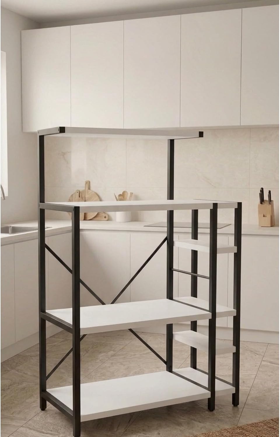 SODEF Coffee Station Cabinet with Microwave Shelf – 7-Tier Kitchen Organizer Rack – Modern Black Metal & White Wood Console - Black, 22x54 inch