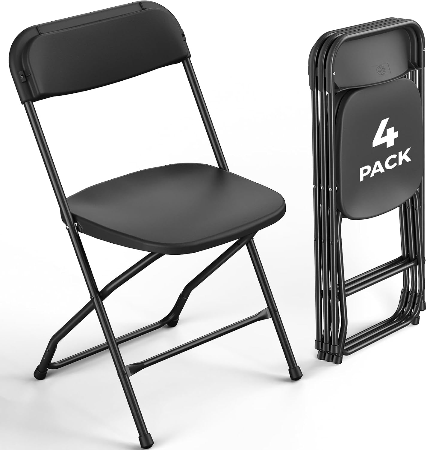 4 Pack Black Plastic Folding Chairs, Outdoor Portable Folding Chair with Steel Frame, 350lbs Capacity Stackable Foldable Chairs for Patio, Garden, Picnic, Kitchen, Events