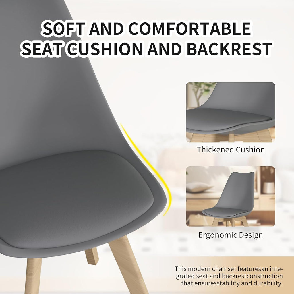 Dining Chairs Set of 4, PU Leather Kitchen Chairs,Wood Legs (Gray, 4 PC) | Mid-Century Modern, Upholstered Dining Room Chairs ,Padded Seat,Tulip Chair,Cushion, for Living room, Bedroom ,Dining Room