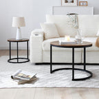 Nesting Coffee Table Set of 2, Steel Frame Circular Round Table Set, Modern Round Side Table with Non-Slip feet, Faux Marble End Tables for Living Room, Bedroom, Balcony (Walnut)