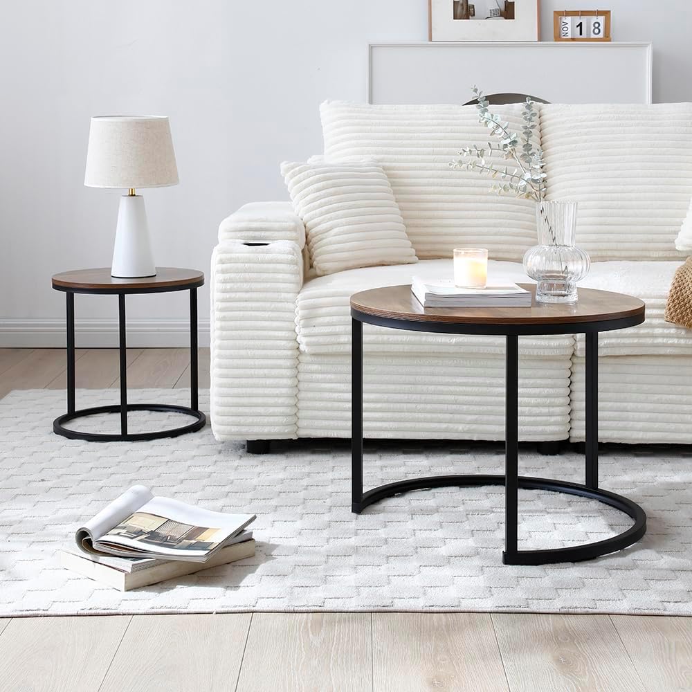 Nesting Coffee Table Set of 2, Steel Frame Circular Round Table Set, Modern Round Side Table with Non-Slip feet, Faux Marble End Tables for Living Room, Bedroom, Balcony (Walnut)