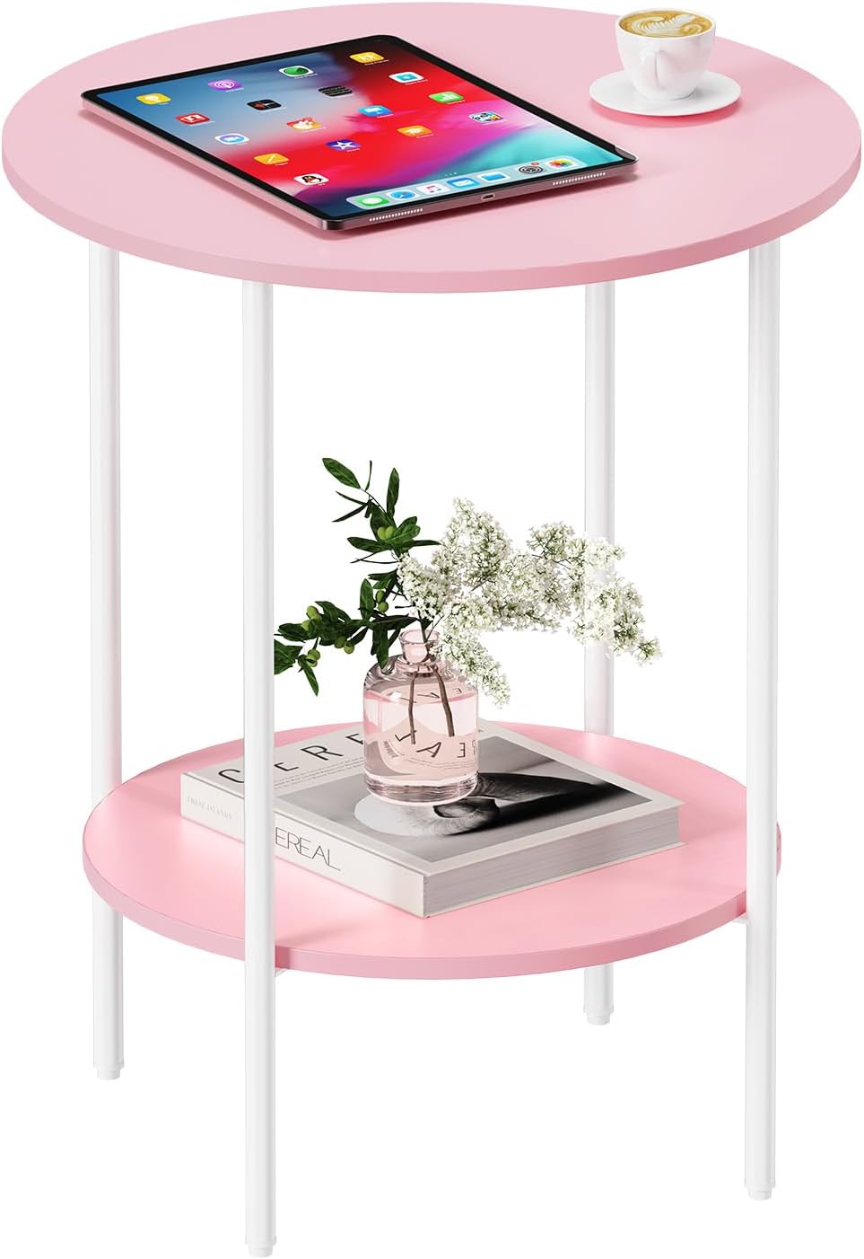 Side Table,Round End Table with 2 Storage Shelves| Compact Side Tables for Living Room, Couch, Gym, Office & Bedroom | Narrow Accent Table as Space-Saving Small Bedside Table 18x18x22in(Pink)