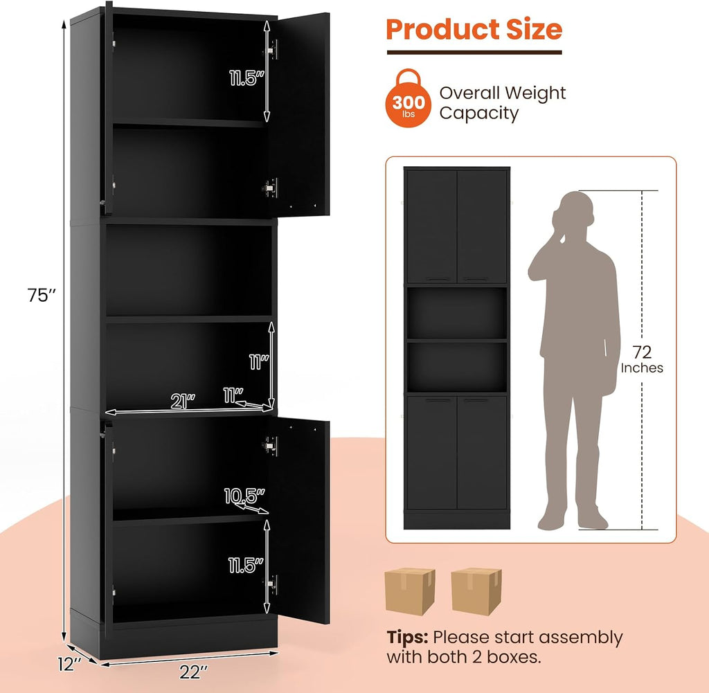 Kitchen Pantry Cabinet, Dining Room Cupboard with 4 Doors & 2 Open Countertop, 4 Anti-Tipping Devices, 75”Tall Bathroom Cabinets (Black)