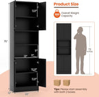 Kitchen Pantry Cabinet, Dining Room Cupboard with 4 Doors & 2 Open Countertop, 4 Anti-Tipping Devices, 75”Tall Bathroom Cabinets (Black)