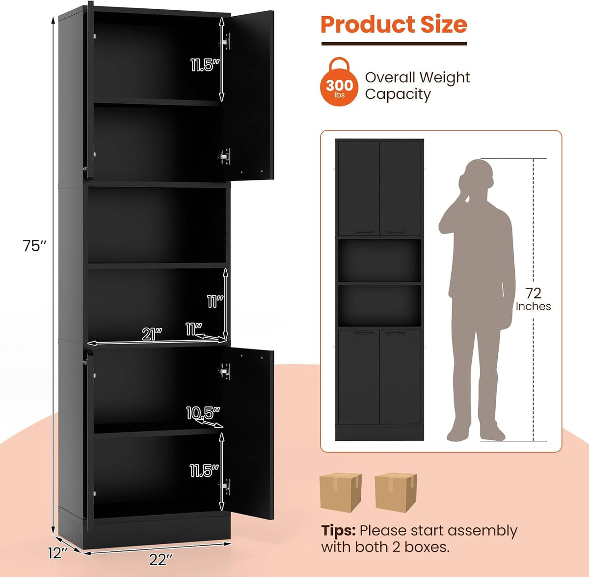 Kitchen Pantry Cabinet, Dining Room Cupboard with 4 Doors & 2 Open Countertop, 4 Anti-Tipping Devices, 75”Tall Bathroom Cabinets (Black)