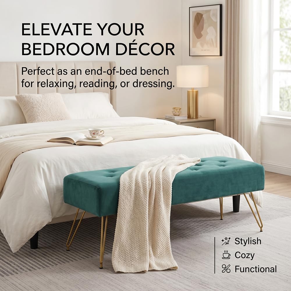 Velvet Button-Tufted Entryway Bench, 39.37" Modern Upholstered Bedroom Bench with Gold Metal Legs, Padded Rectangular End of Bed Bench for Living Room, Dining Room (Blackish Green)