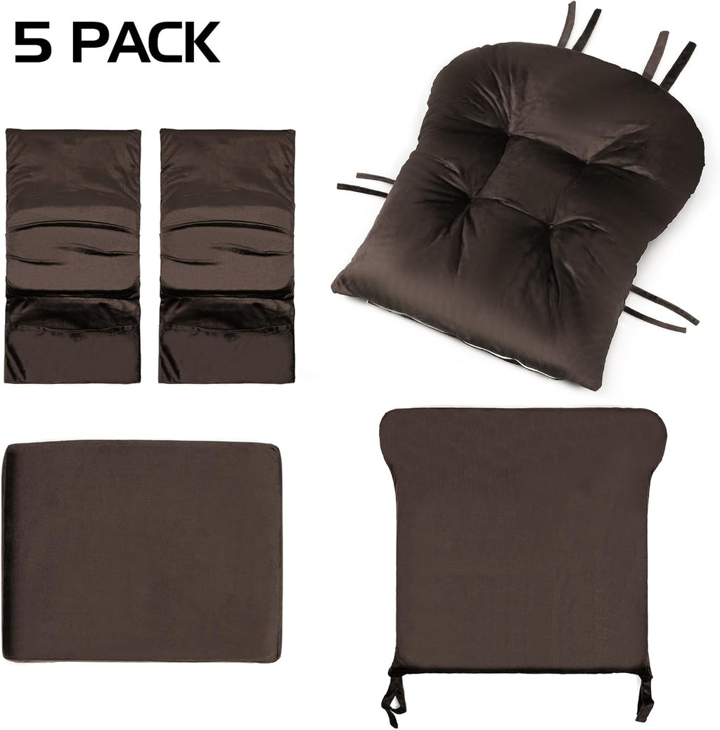 Lucky Monet 5Pcs Glider Rocker Replacement Cushions - Velvet Glider Cushions Replacement Set with Side Storage Pockets, Thick Glider Chair Cushions Washable & Non Slip, Cushion ONLY - Brown