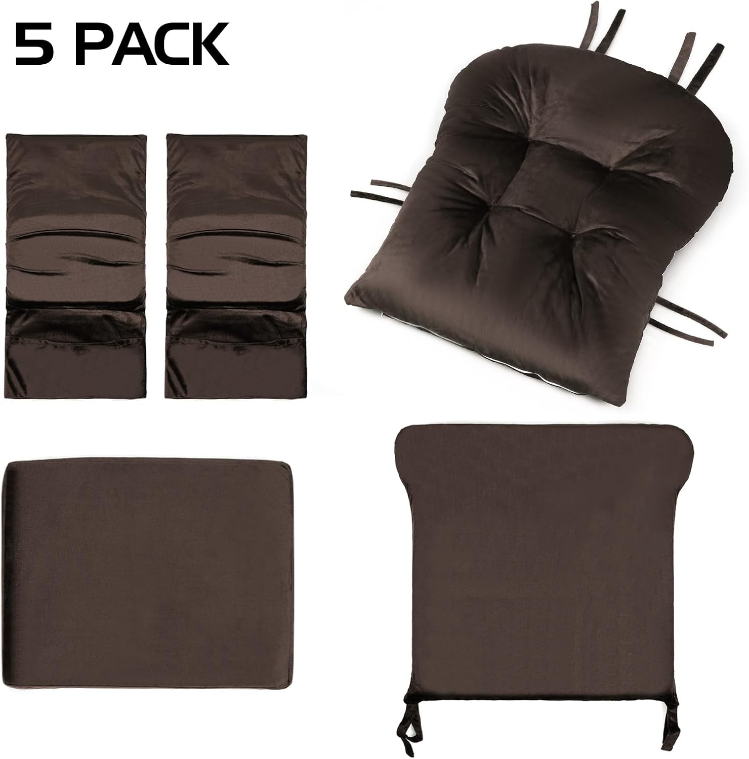Lucky Monet 5Pcs Glider Rocker Replacement Cushions - Velvet Glider Cushions Replacement Set with Side Storage Pockets, Thick Glider Chair Cushions Washable & Non Slip, Cushion ONLY - Brown