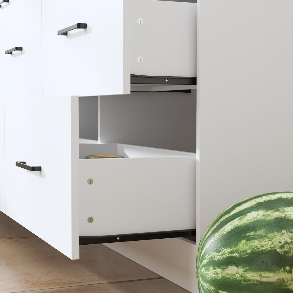 ECACAD 94.5" W Kitchen Pantry with Countertop, 12 Drawers & 4 Glass Doors, Modern Wooden Cupboard Storage Cabinet with 6 Hidden Shelves & 4 Open Shelves for Dining Room, White