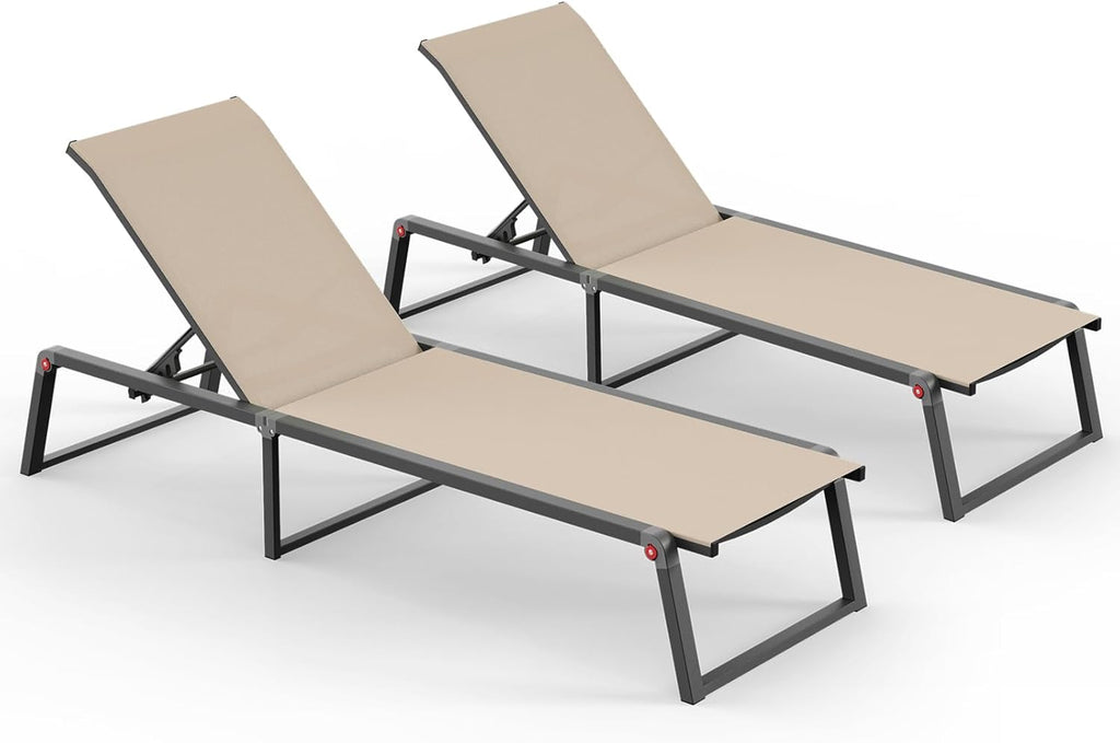 Aluminum Chaise Lounge Chair Outdoor, Foldable& No Assembly Patio Pool Lounge Chairs 5-Position Recliner for Outside, Fully Grounded Legs Sun Lounger for Poolside, Khaki, 2 Pack