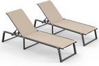Aluminum Chaise Lounge Chair Outdoor, Foldable& No Assembly Patio Pool Lounge Chairs 5-Position Recliner for Outside, Fully Grounded Legs Sun Lounger for Poolside, Khaki, 2 Pack