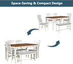 Merax Mid-Century 6-Piece Wood Dining Table Set with Drawer, 4 Upholstered Chairs and Bench, Butter Milk