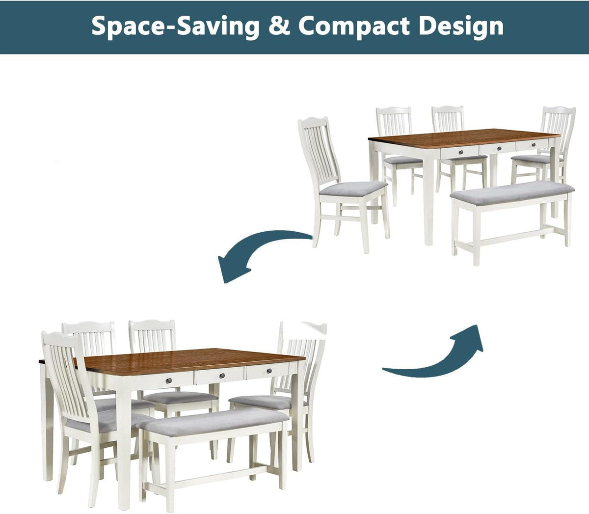 Merax Mid-Century 6-Piece Wood Dining Table Set with Drawer, 4 Upholstered Chairs and Bench, Butter Milk
