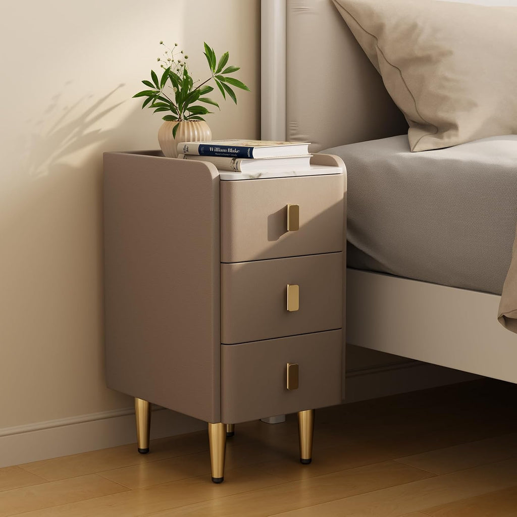 AQIMUELE Narrow Nightstand with Drawers, Narrow Side Table Leather, Small Bedside Tables for Bedroom. (Beige)
