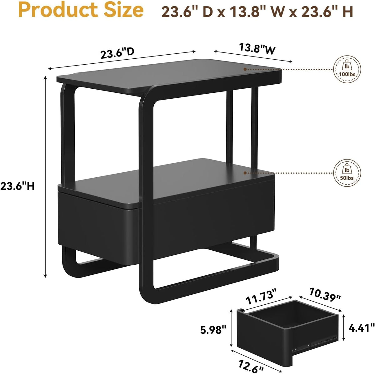 23.6" Tall Narrow Side Table with Drawer and Open Shelf – Modern End Table for Sofa, Couch & Small Spaces, Steel Frame, Lacquered Top, Nightstand for Bedroom, Living Room, Dorm, Black