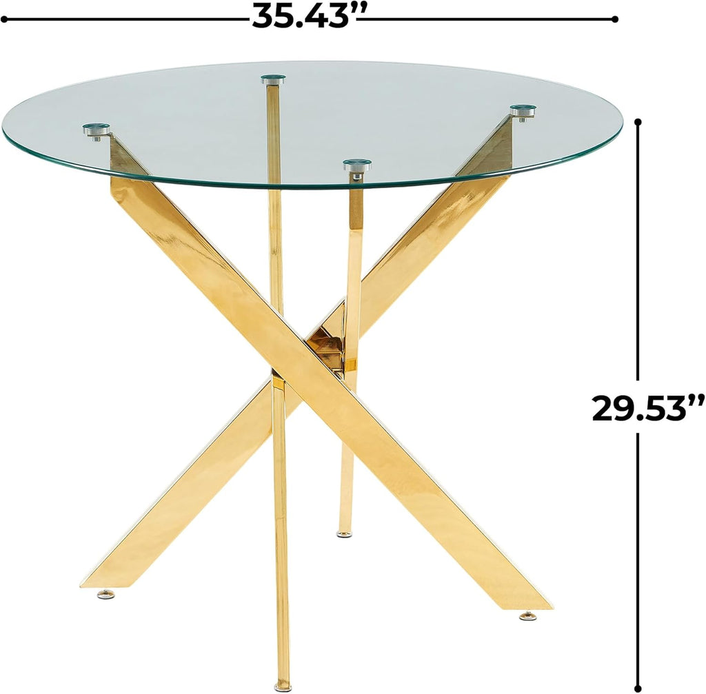 Aoowow Round Dining Table with Glass Top, 35.4” Modern Kitchen Table for 4, Small Glass Circle Dinner Table with Metal Legs for Dining Room, Golden