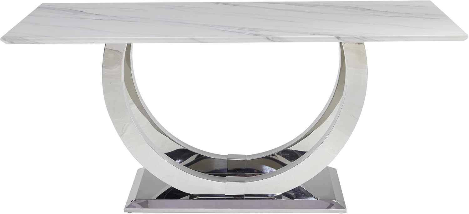 SSLine Modern White Marble Dining Table for 6-8 Rectangle 69.3" Faux Marble Kitchen Table with Silver Stainless Steel Dual U Shape Pedestal Base Luxury Dining Room Table for Home Kitchen