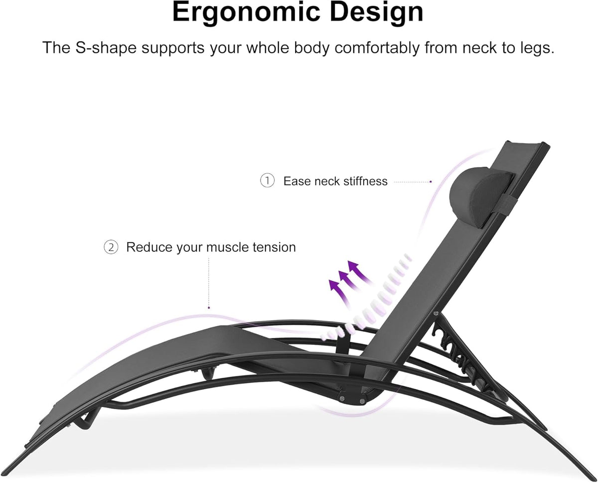 PURPLE LEAF Patio Pool Lounge Chaise Set of 3 Outdoor Lounger Chair, Black | 2 Chaise + 1 Table, Aluminum Frame, UV Textilene Fabric, Adjustable Headrest & 5 Recline Angles, Stackable, S-Curve Backrest