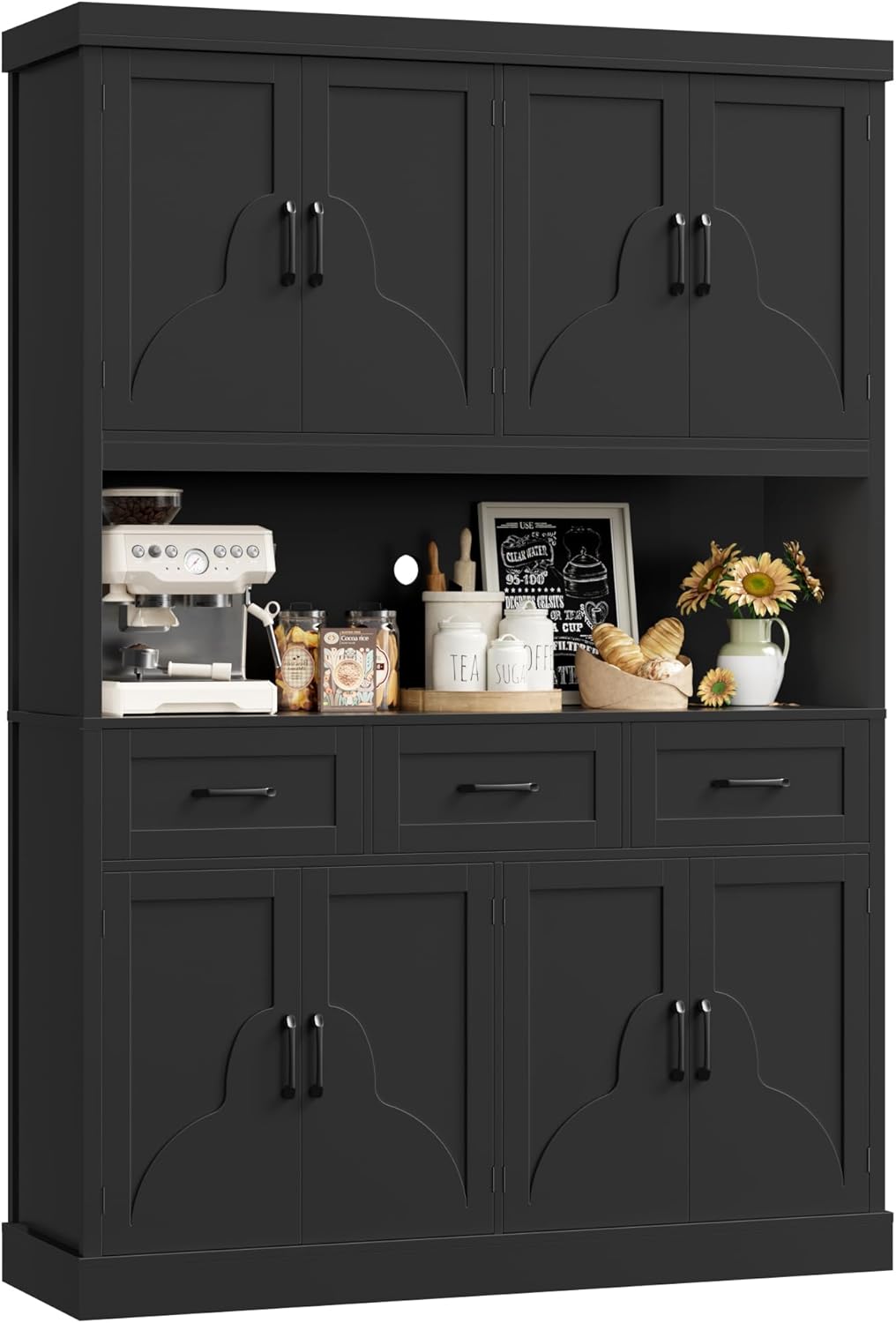 HITHOS 76" Tall Kitchen Pantry Storage Cabinet, 55“ Wide Kitchen Hutch Cabinet with Storage Drawers, Large Food Pantry with Microwave Stand, Modern Cupboard with Hutch for Dining Living Room, Black
