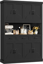 HITHOS 76" Tall Kitchen Pantry Storage Cabinet, 55“ Wide Kitchen Hutch Cabinet with Storage Drawers, Large Food Pantry with Microwave Stand, Modern Cupboard with Hutch for Dining Living Room, Black