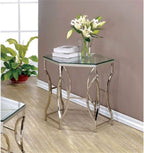 BOWERY HILL Contemporary Metal End Table, Chrome Finish, Hexagon 8mm Tempered Glass Top, Steel Frame with Circular Side Panels, Modern Geometric Design for Living Room
