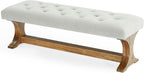 LITTLE TREE 55" Upholstered End of Bed Bench, Solid Wood Tufted Entryway Bench, Farmhouse Ottoman with Cushion for Bedroom, Foot of Bed, Living Room, Hallway, Light Gray