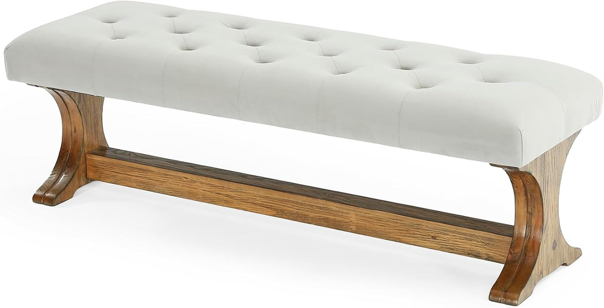 LITTLE TREE 55" Upholstered End of Bed Bench, Solid Wood Tufted Entryway Bench, Farmhouse Ottoman with Cushion for Bedroom, Foot of Bed, Living Room, Hallway, Light Gray