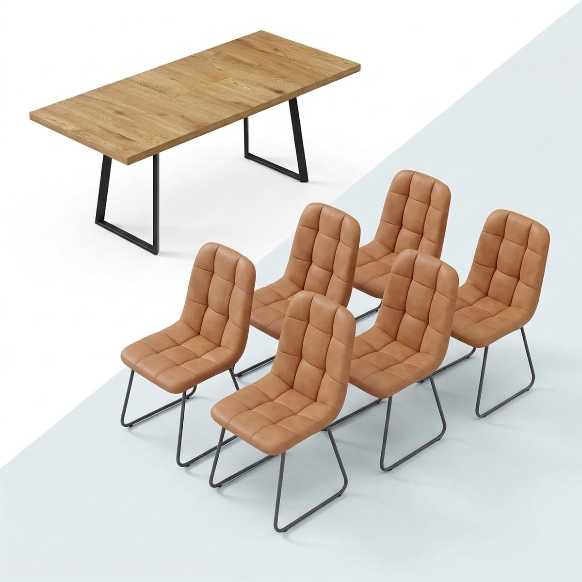 ZckyCine Butterfly Leaf Extendable Dining Table Set 47"-63", Rustic Wood Table with 6 PU Leather Chairs, Modern Scandinavian Dining Room Furniture for Kitchen Apartment