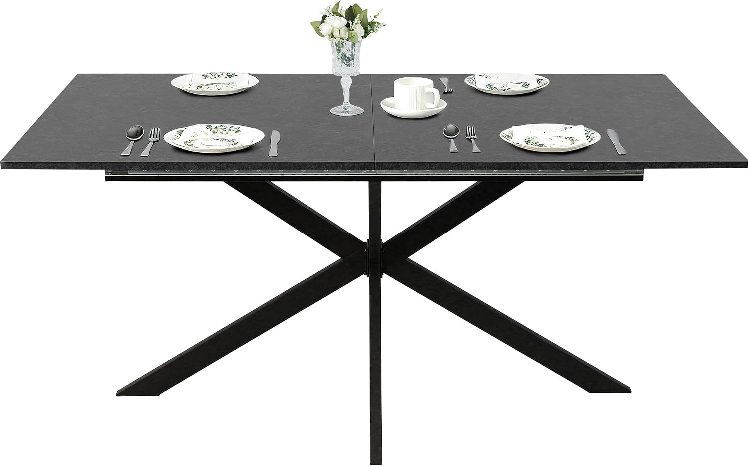 63-79 Inch Extendable Dining Table for 6-10, MDF Rectangular Kitchen Table with Removable Butterfly Leaf and Black Metal Base, Space Saving Design for Small Spaces & Holiday Gatherings, Black Lava