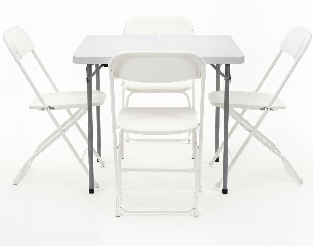 BTEXPERT 5 Piece Folding Card Table Portable and Chair Set, 34" Square Foldable Table 4 Adult Chairs for Board Games Party Home Indoor Outdoor Lightweight White Plastic