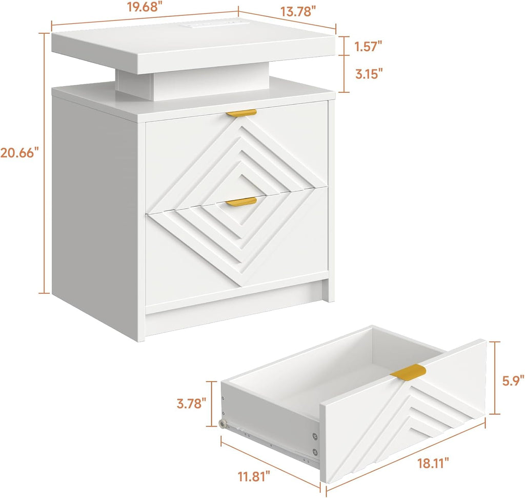 White Nightstand with Charging Station and LED Lights, Smart Night Stand, Modern Bedside Table with Drawers, RGB Lights, Power Outlets, USB and Type-C Ports, End Side Table for Bedroom Office (2)