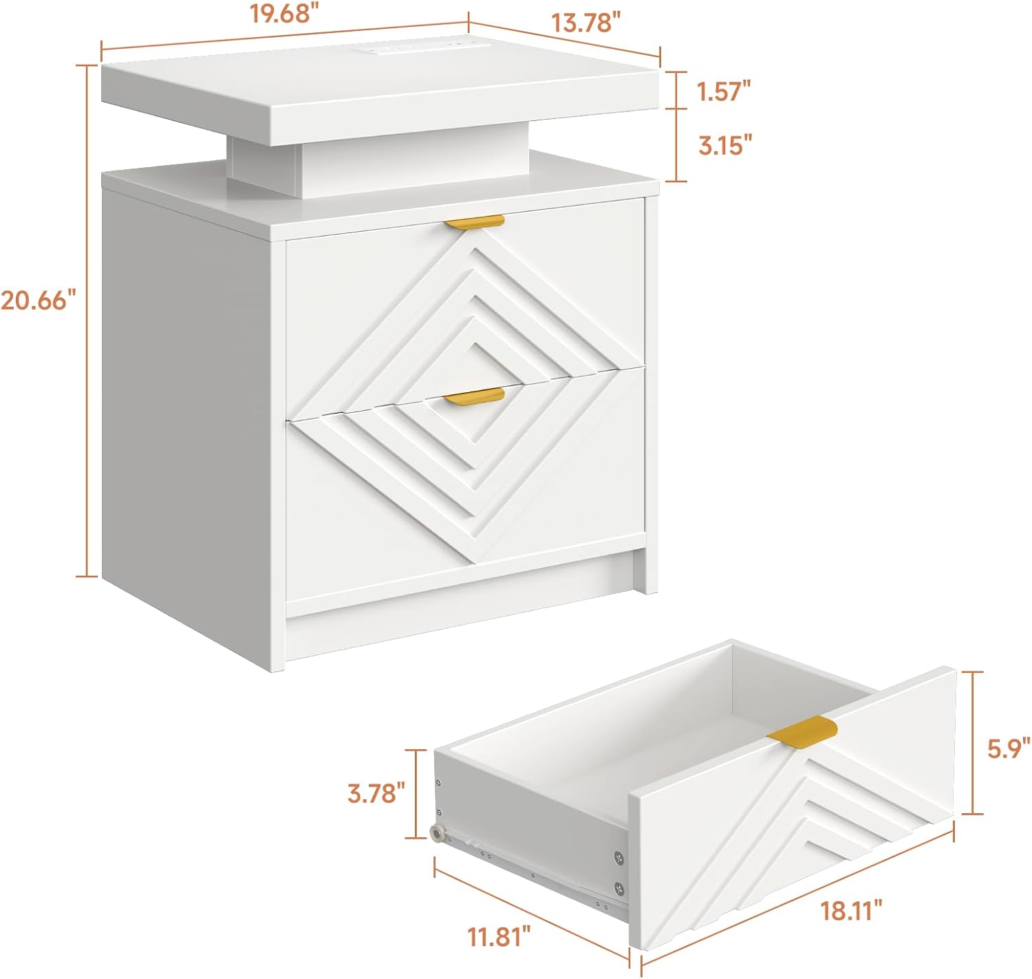 White Nightstand with Charging Station and LED Lights, Smart Night Stand, Modern Bedside Table with Drawers, RGB Lights, Power Outlets, USB and Type-C Ports, End Side Table for Bedroom Office (2)