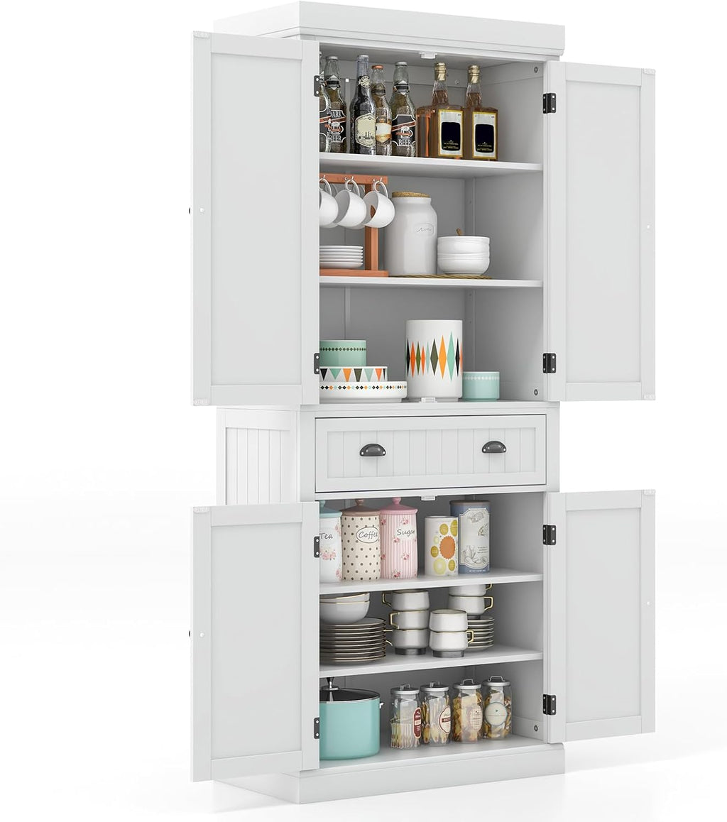 Giantex Pantry Organizers and Storage, 72" Tall Kitchen Cabinet with 2-Door Cabinets & Drawer, Buffet Sideboard w/Adjustable Shelves, Wooden Freestanding Cupboard for Dining Room Living Room (White)