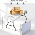 6FT Folding Table,Portable White HDPE Utility Table with Carry Handle | Durable HDPE tabletop.Reinforced steel frame with safety locking legs.Fold in half design with carry handle.Weather resistant