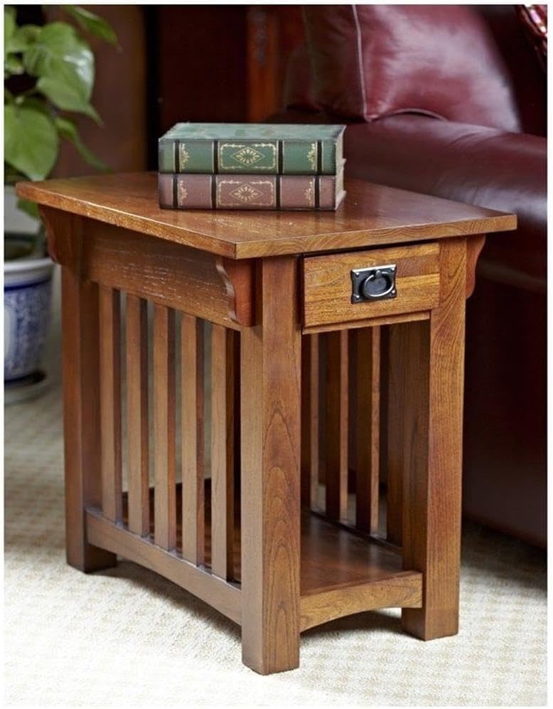 MAKLAINE Mission Oak Chairside Table, Solid Ash Wood with Medium Oak Finish, Slatted Elements, Storage Drawer and Shelf, 17" W x 25" D x 23" H, Living Room End Table