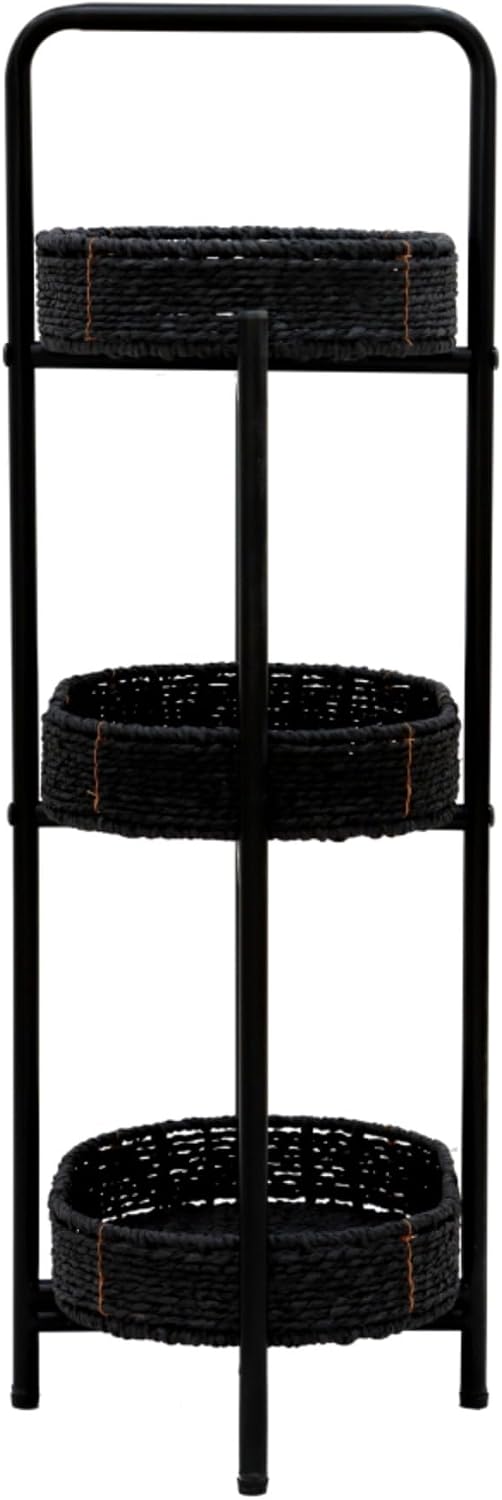 3 Tier Handwoven Oval Side Table Storage Basket with Detachable Trays | Woven Paper Rope Organizer for Living Room Bedroom Kitchen | Sturdy Metal Frame Tiered Shelf for Home Decor (Black)