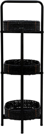 3 Tier Handwoven Oval Side Table Storage Basket with Detachable Trays | Woven Paper Rope Organizer for Living Room Bedroom Kitchen | Sturdy Metal Frame Tiered Shelf for Home Decor (Black)