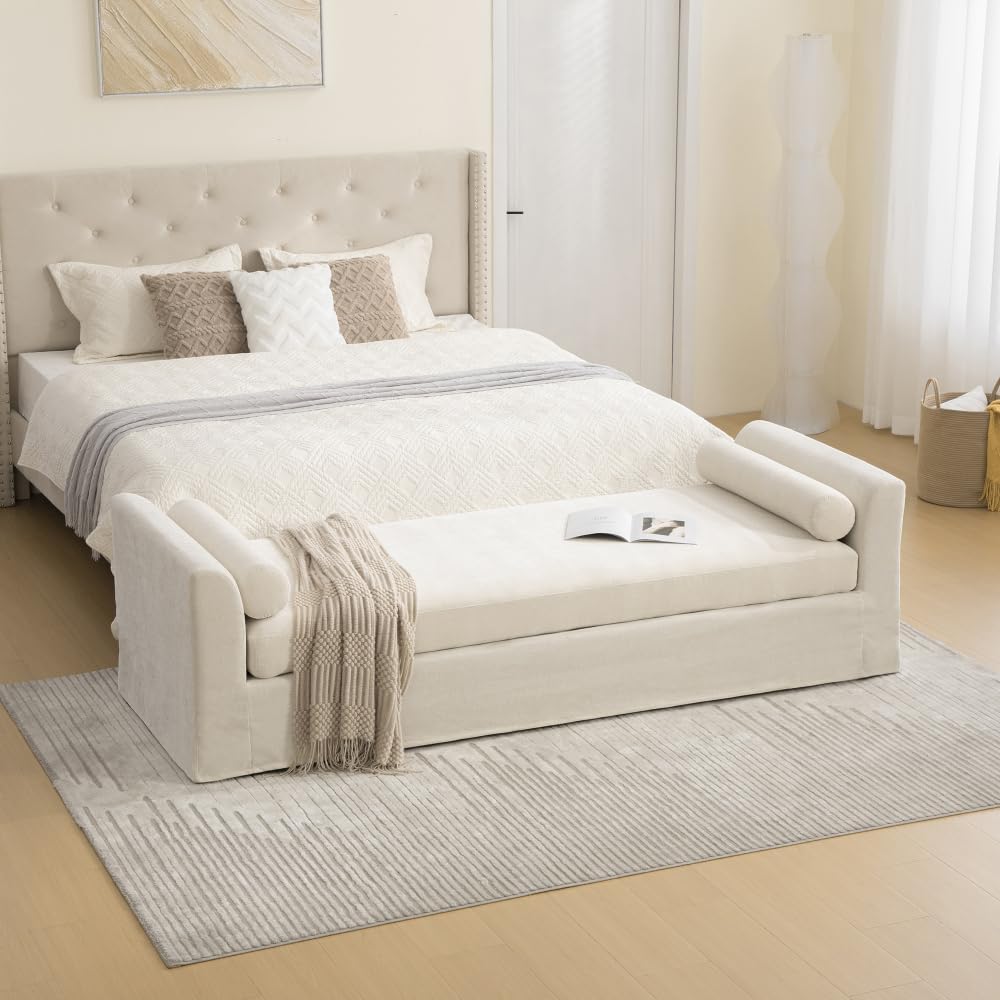 88.58" Chenille End of Bed Bench Chaise Lounge, Upholstered Bedroom Bench with Armrests & Bolster Pillows, PVC Legs for Living Room Entryway Apartment Dorm (88.58", Beige)
