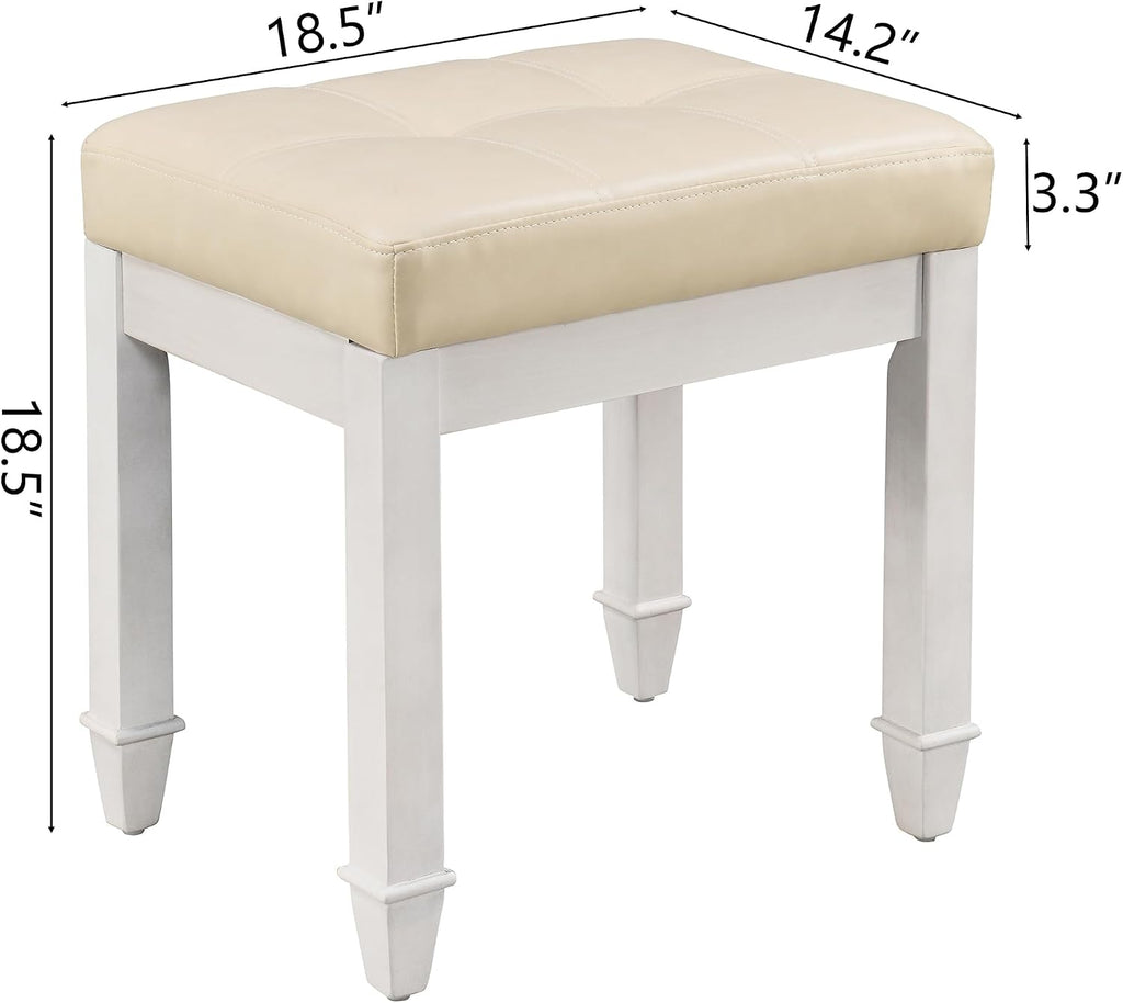 Solid Wood Vanity Bench Stool, Small Vintage Ottoman Foot Stool with Off-White Button Tufted PU Cushion Carved Footrest Rustic Stools for Bedroom Living Room,18.5 * 14.2 * 18.5in