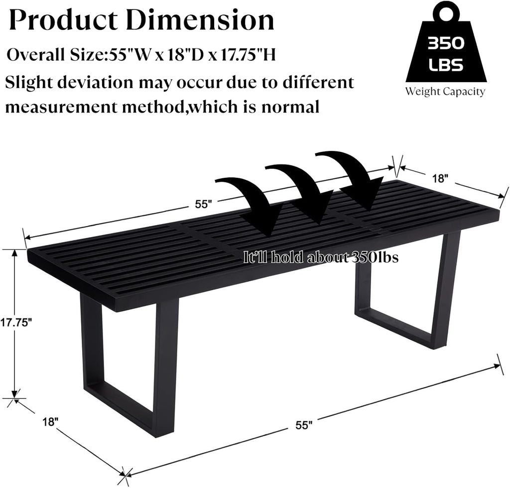 Wooden Dining Bench 55”Industrial Entryway Bench, Modern End of Bed Bench for Bedroom/Hallway, Black Solid Wood Bench with W/Metal Legs for Dining Room/Living Room, Kitchen