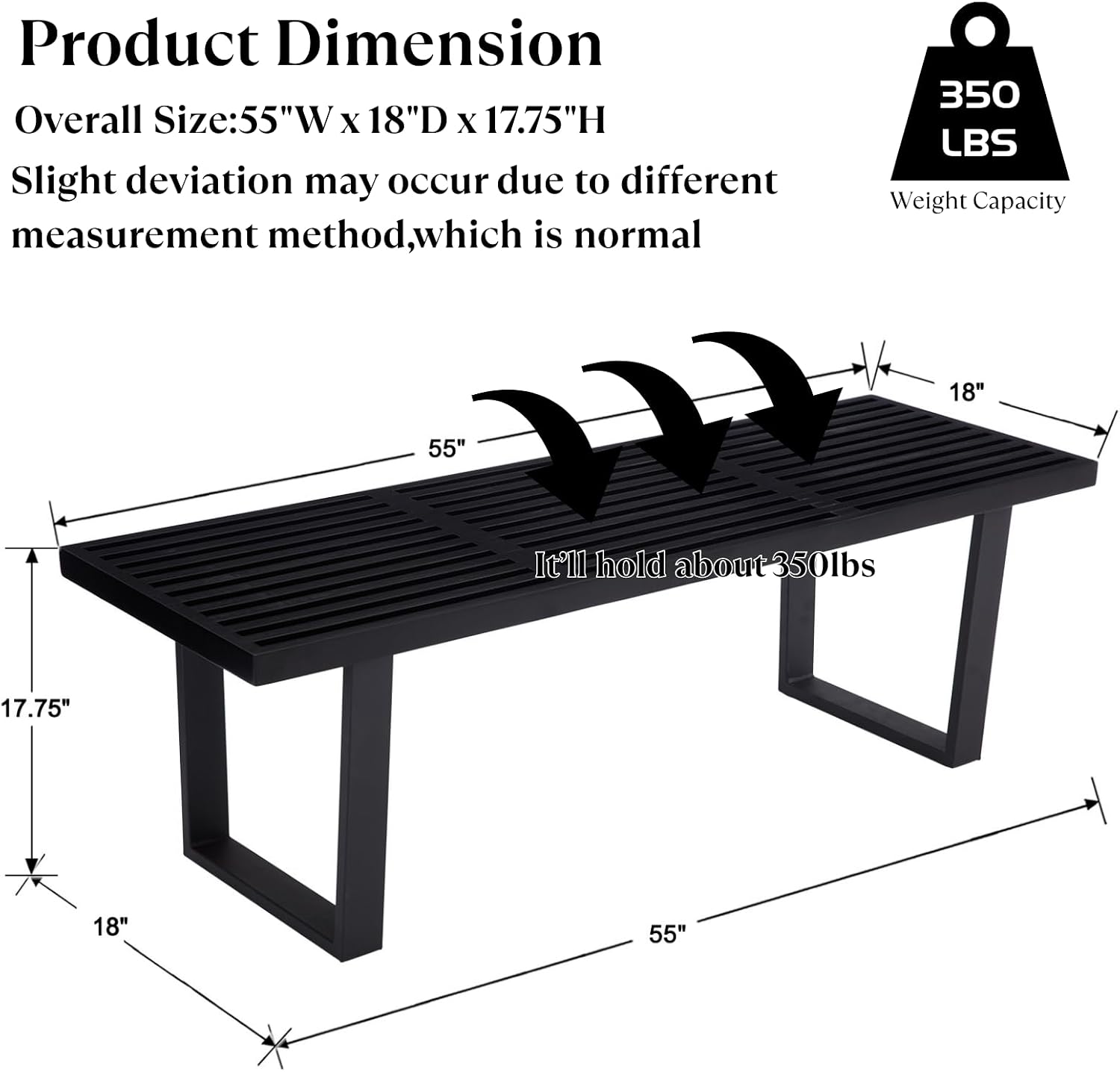Wooden Dining Bench 55”Industrial Entryway Bench, Modern End of Bed Bench for Bedroom/Hallway, Black Solid Wood Bench with W/Metal Legs for Dining Room/Living Room, Kitchen